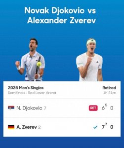 ​澳网半决赛战罢首盘 德约科维奇选择退出